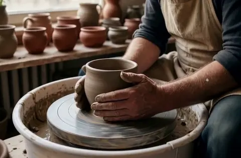 Master shapes matte clay mug on spinning wheel — результат генерации ИИ